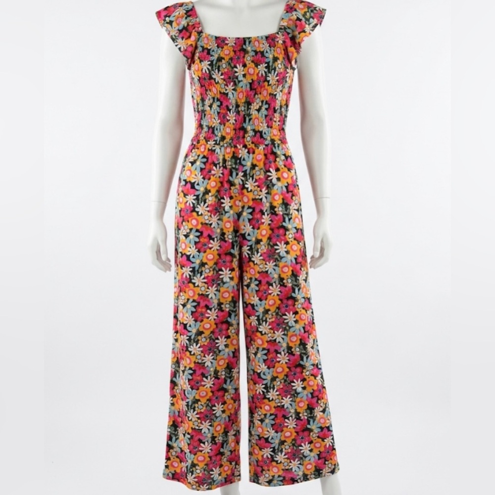 Picapino Girls' Floral Smocked Multicolor Jumpsuit